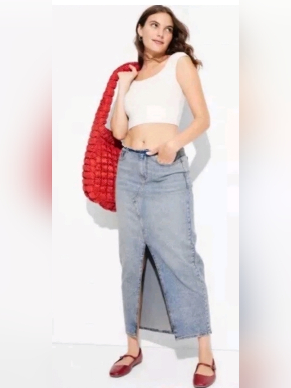 Wild Fable Light Blue Denim Skirt with Frayed Waist, Front Split!